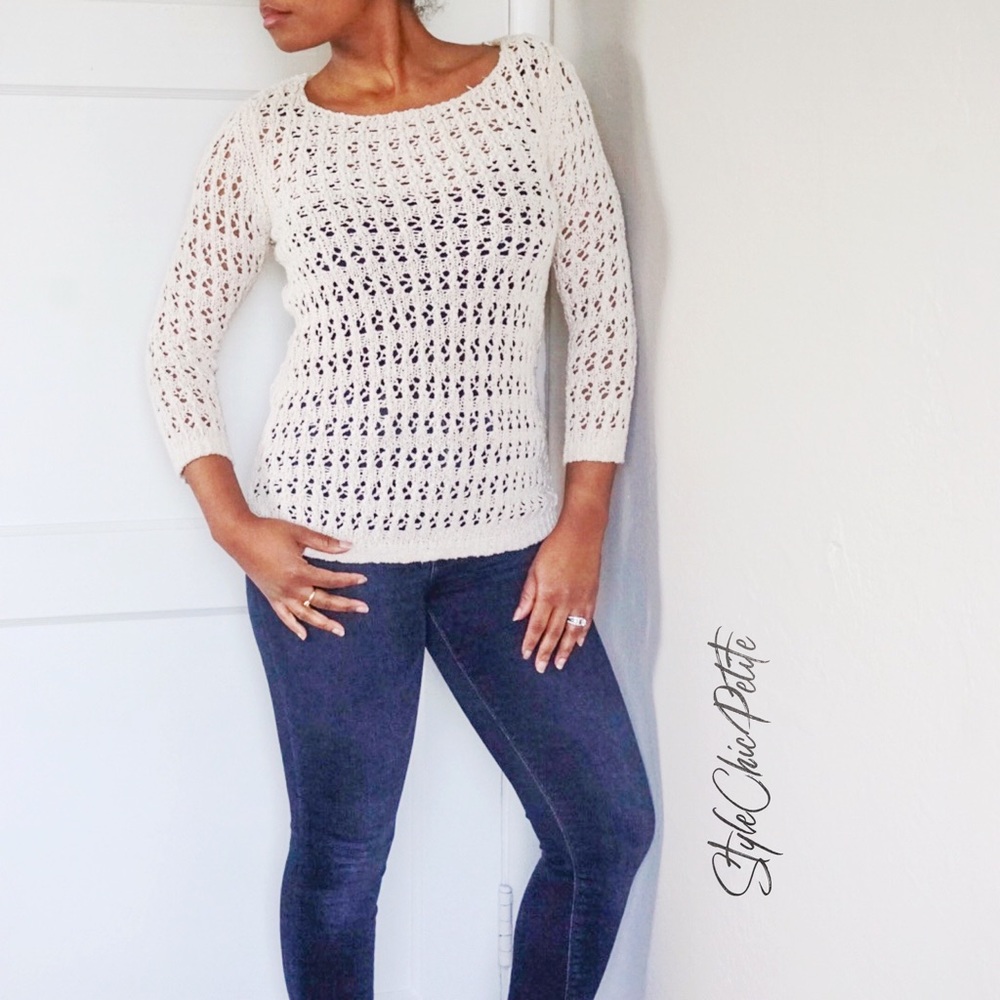 DALIA Crochet Knit Cream 3/4 Length Sleeves Sweater XS